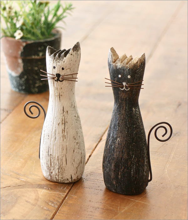 ねこ 猫 置物 オブジェ 雑貨 木製 かわいい おしゃれ ウッド ペア