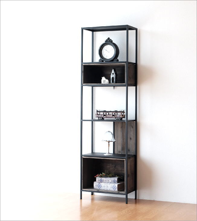 シェルフ アイアン 木製 収納棚 おしゃれ 幅50 アンティーク レトロ 飾り棚 オープンシェルフ オープンラック アイアンフレームシェルフ Box付 Ebn0606 ギギliving