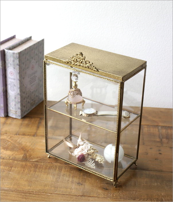 ショーケース 卓上 アンティーク ゴールド 小物入れ 2段 扉付き収納