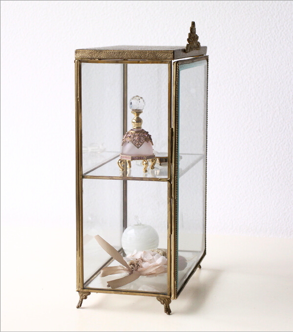 ショーケース 卓上 アンティーク ゴールド 小物入れ 2段 扉付き収納
