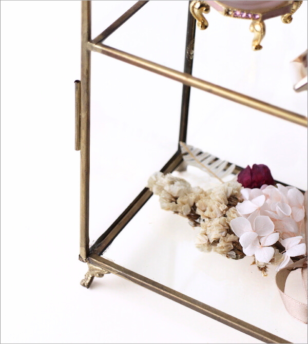 ショーケース 卓上 アンティーク ゴールド 小物入れ 2段 扉付き収納