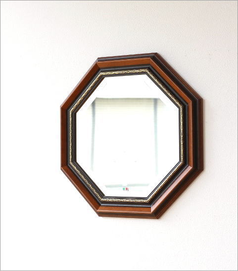 八角鏡 壁掛けミラー ウォールミラー アンティーク クラシック 木製 