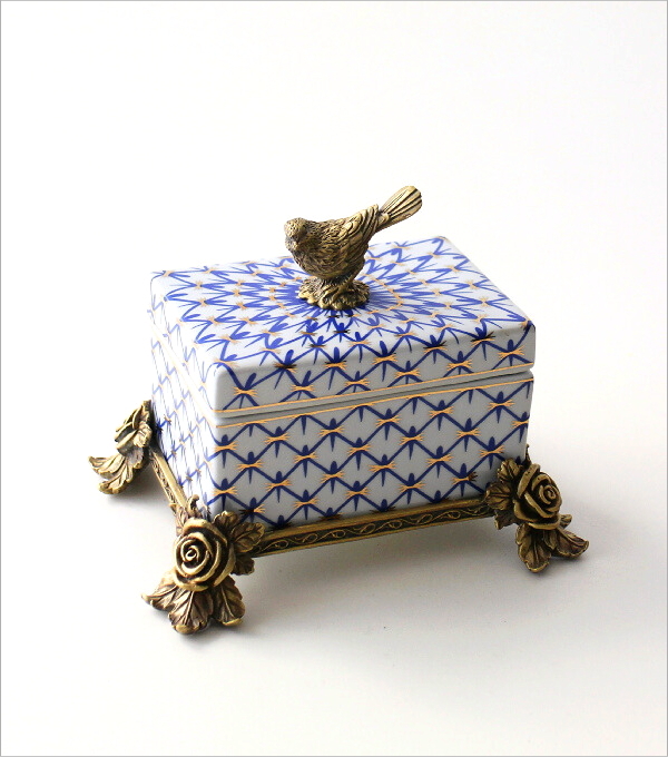 シノワズリ 陶器の小物入れ 網目バード(5)