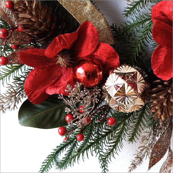 クリスマスリース 32cm 赤 りんご バラ 松ぼっくり Natural Wreath Red