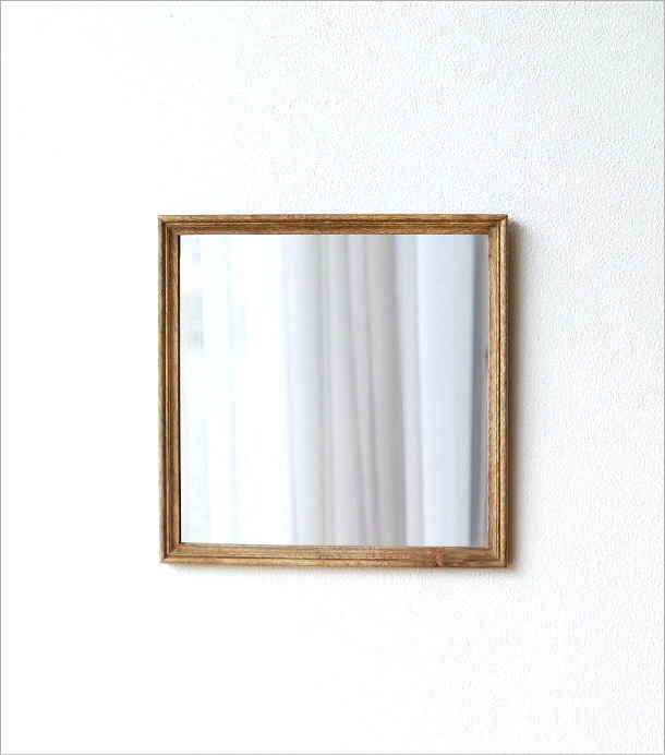 鏡 壁掛けミラー おしゃれ ウォールミラー 木製 天然木 四角 正方形 