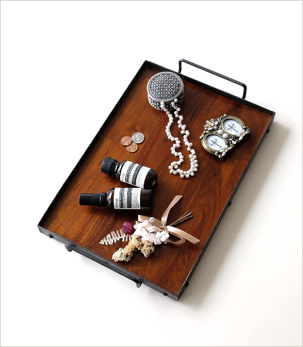 アンティーク仕様　アイアン　折りたたみトレイ トレー トレイ 木製 アイアン 持ち手付き おしゃれ 無垢 鉄製 天然木