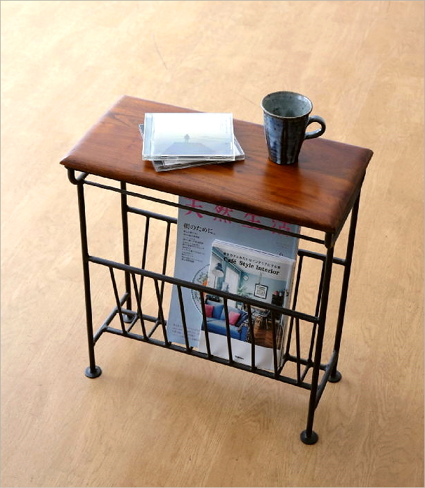 マガジンラック テーブル付き 木製 アイアン 天然木 おしゃれ スリム