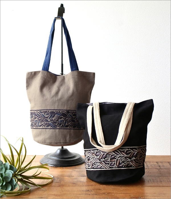 リボン刺繍 コットン丸底トートバッグ 2カラー(1)