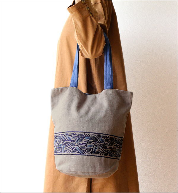 リボン刺繍 コットン丸底トートバッグ 2カラー(5)
