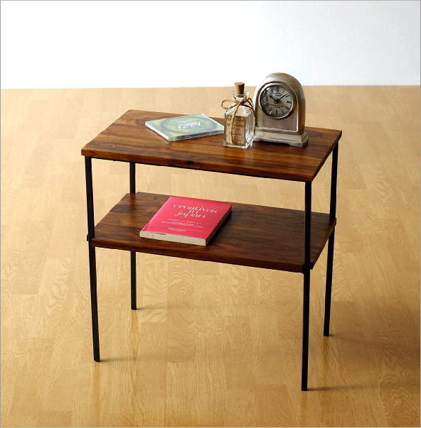 サイドテーブル 木製 アイアン 棚付き 天然木 無垢材 鉄脚 シーシャム 