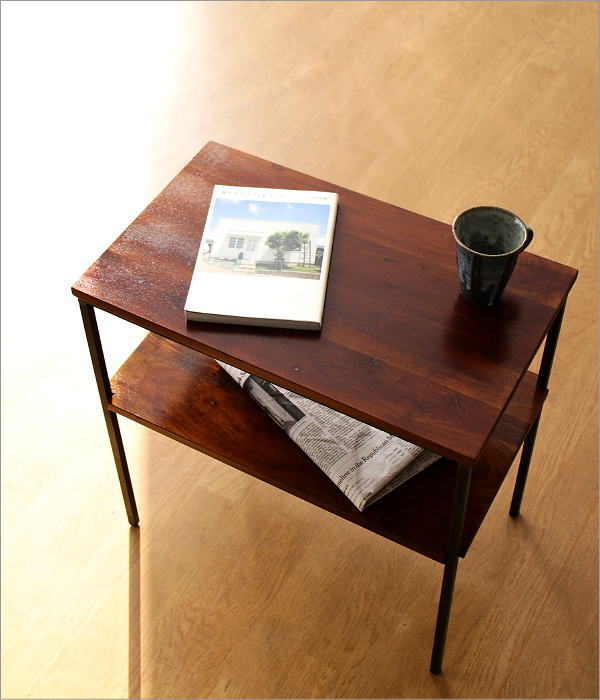 サイドテーブル 木製 アイアン 棚付き 天然木 無垢材 鉄脚 アカシア