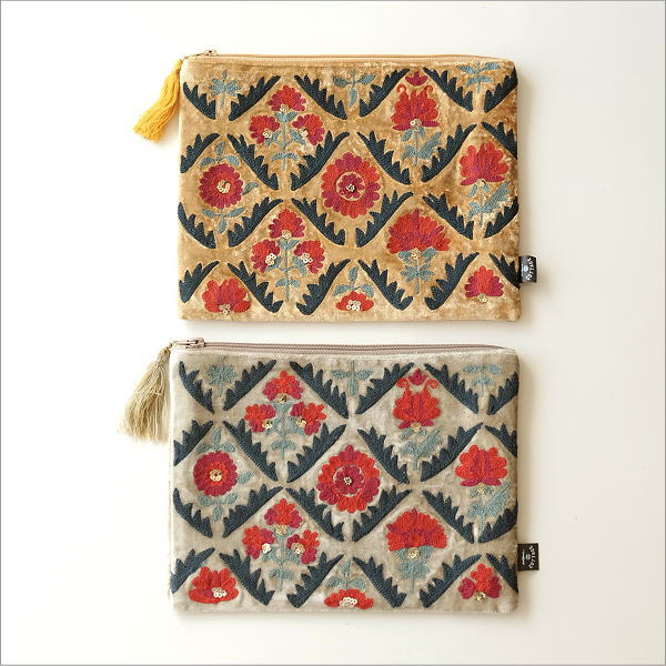 ベロア刺繍フラットポーチL 2カラー(1)