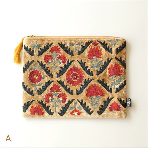ベロア刺繍フラットポーチL 2カラー(4)
