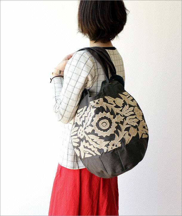コットンアップリケ刺繍ショルダーバッグ GY(1)