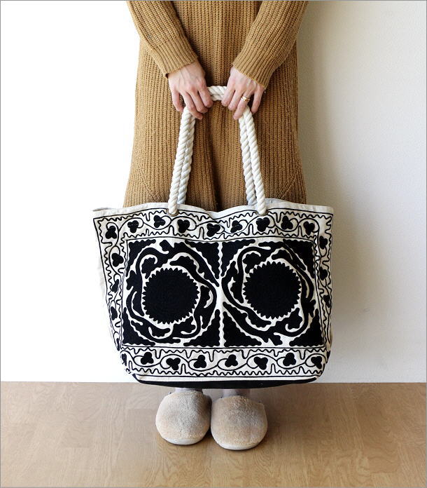 ロープハンドル刺繍バッグ WH(1)