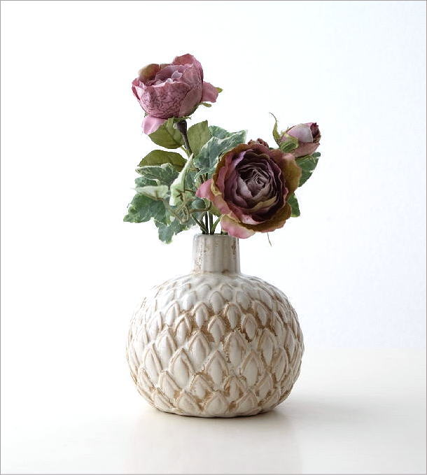 花瓶 おしゃれ 陶器 フラワーベース 花器 かわいい セラミックベース 丸い モダン アンティーク セラミックベースB ホワイト [kan6722]  | ギギliving
