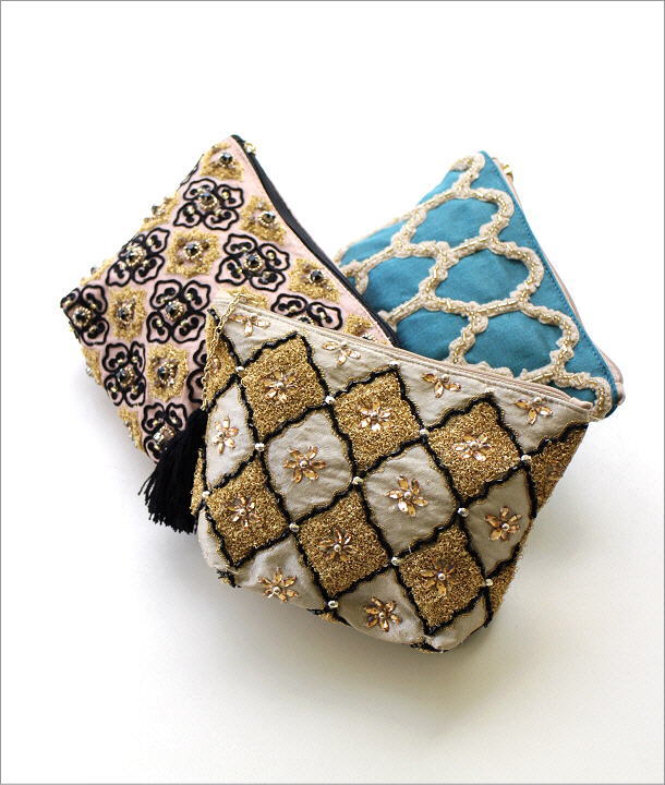 タッセル付きビーズ刺繍マチ付きポーチ 3タイプ(1)