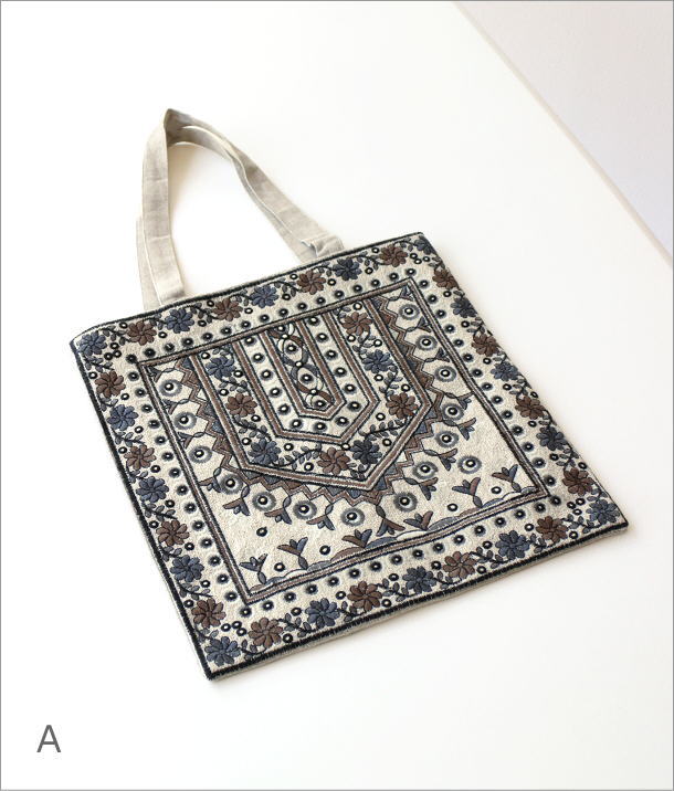ラグ柄刺繍フラットトートバッグ 2タイプ(5)