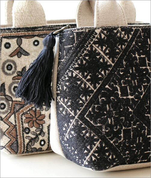 ラグ柄刺繍ファスナー付き手提げバッグ 2タイプ(2)