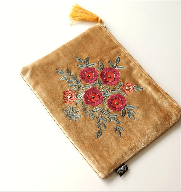 ベロア刺繍フラットポーチL(1)