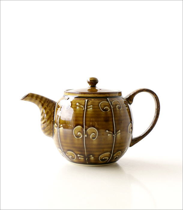 ティーポット 急須 おしゃれ 日本製 磁器 波佐見焼 ステンレスメッシュ茶こし付き アメ釉一珍洋唐草大ポット Msg1326 ギギliving