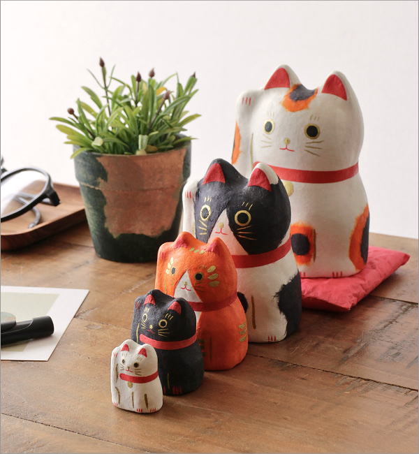招き猫 置物 張り子 座布団付き 和紙 和風 ネコ オブジェ 福を招く