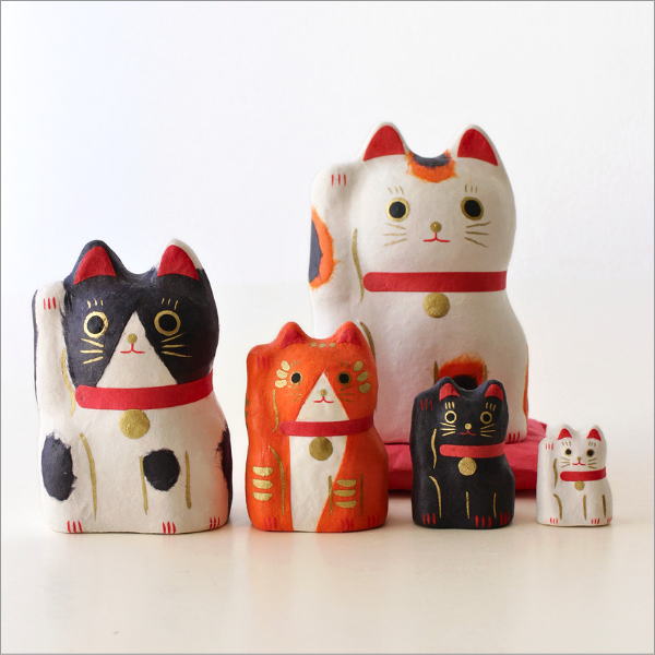 招き猫 置物 張り子 座布団付き 和紙 和風 ネコ オブジェ 福を招く