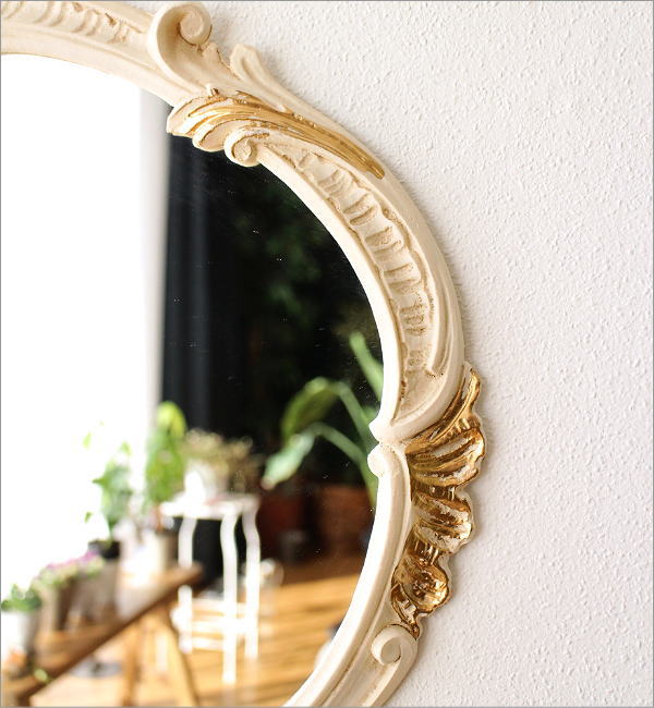 鏡 壁掛け 楕円 ウォールミラー アンティーク ホワイト ロココ調
