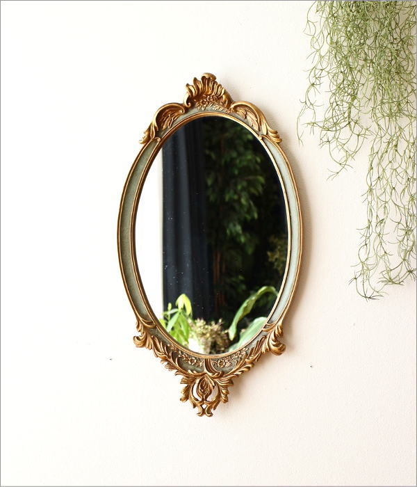 壁掛け鏡 アンティーク ミラー 楕円 ロココ調 おしゃれ ゴールド 彫刻