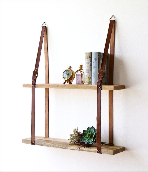 ウォールシェルフ 2段 壁掛け棚 幅70cm以上 大きめ 木製 本革