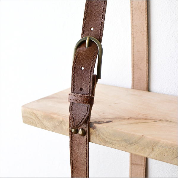 木とレザーの壁掛けシェルフ(6)