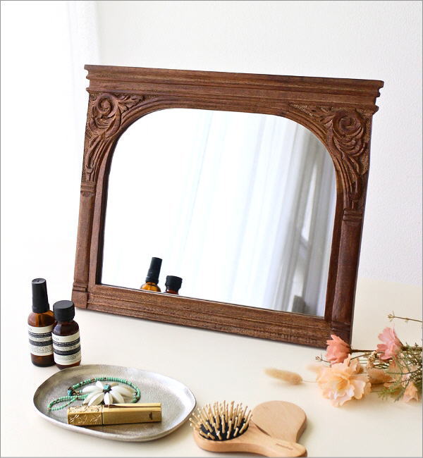 壁掛け 壁掛け鏡 ミラー 無垢材 木製 家具 木工 アールデコ 彫刻 小道具 鏡 壁掛け 木製 ミラー 高さ30cm 彫刻 洗面 卓上ミラー 化粧 メイク