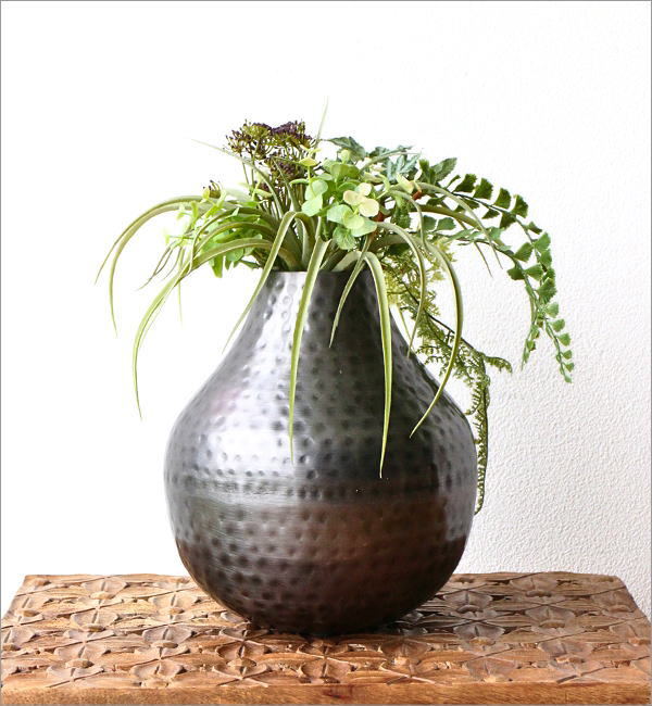 アジアン エスニック 剛草 金属製 双耳付 斑模様 鳥彫刻 飾り壺 壺