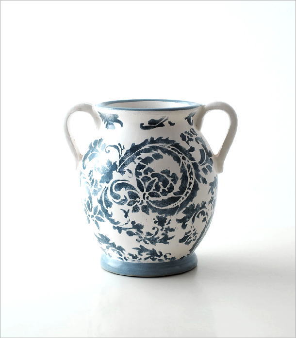 フラワーベース 花瓶 陶器 花器 おしゃれ かわいい アンティーク レトロ 花入れ フラワーアレンジ オリエンタルブルーハンドルベース Sik4664 ギギliving