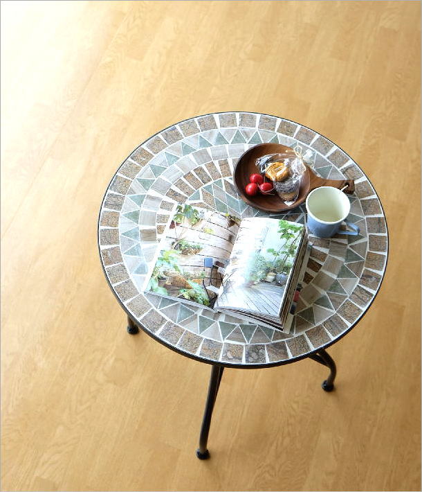 ガーデンテーブル タイル おしゃれ かわいい アイアン 円形 丸型 ガーデン モザイクガーデンテーブル オリーブスター [sik6050
