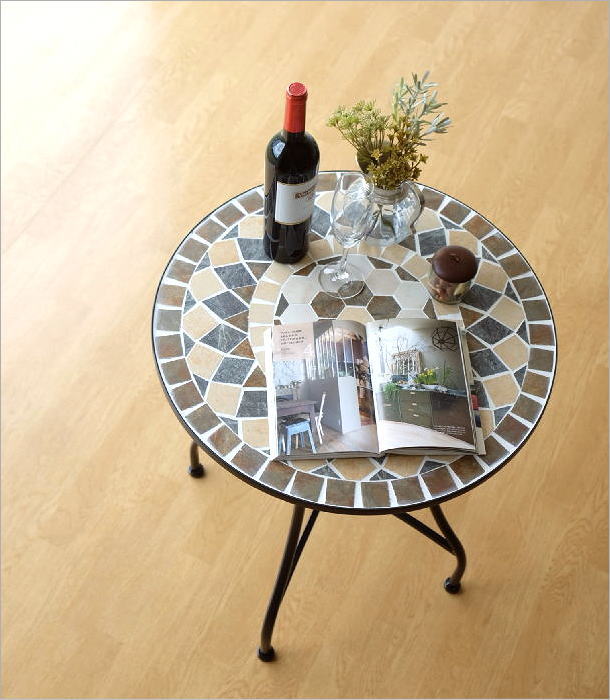 ガーデンテーブル タイル おしゃれ かわいい アイアン 円形 丸型 モザイクガーデンテーブル スモールフラワー [sik7408] | ギギ