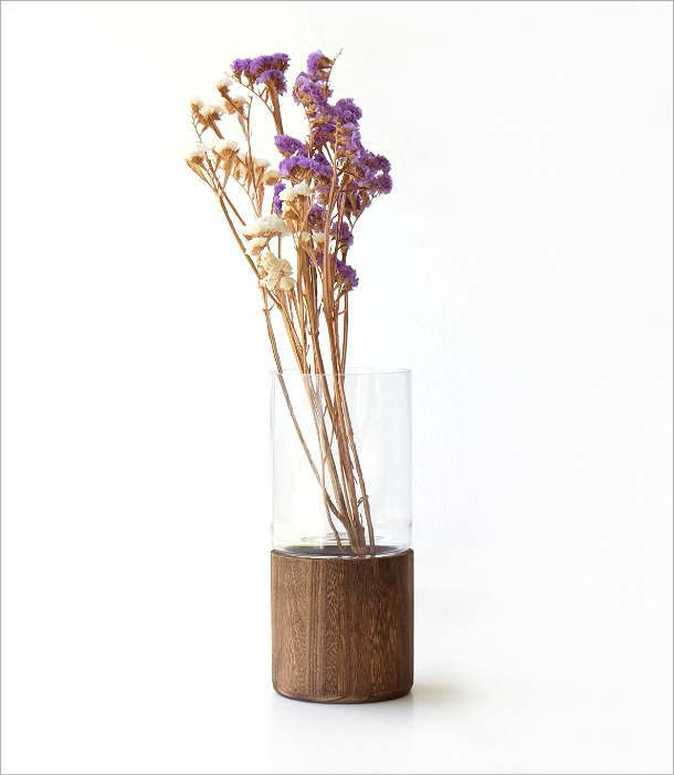 花瓶 フラワーベース ガラス 花器 おしゃれ シンプル アンティーク ガラスとウッドのフラワーベース シリンダー [spc1059] |  ギギliving