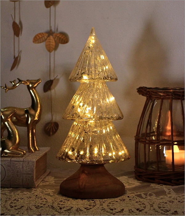 クリスマスツリー 卓上 置物 オブジェ LEDライト ガラス 木製 おしゃれ