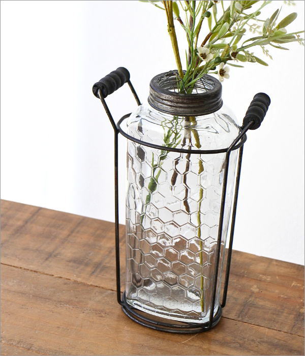 ガラスのフラワーべース アイアンハンドル＆メッシュ蓋付き(2)