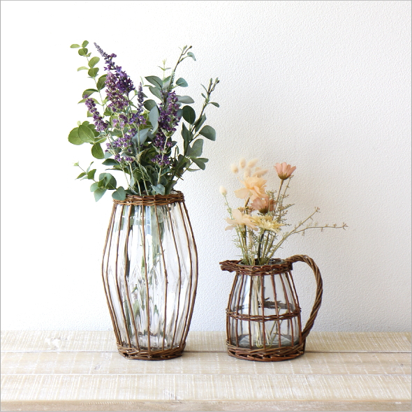 フラワーベース ガラス 花瓶 おしゃれ 柳 蔓 自然素材 ナチュラル 花器