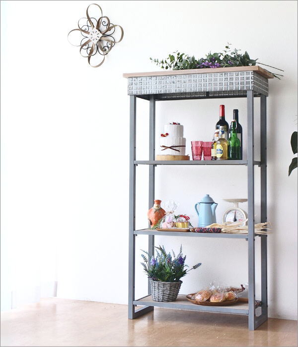 シャビーなメタルとウッドの3段シェルフ ワイド(10)