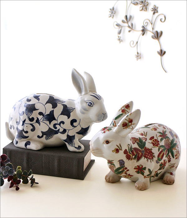 赤絵/青花 陶器兎の貯金箱 2タイプ(1)