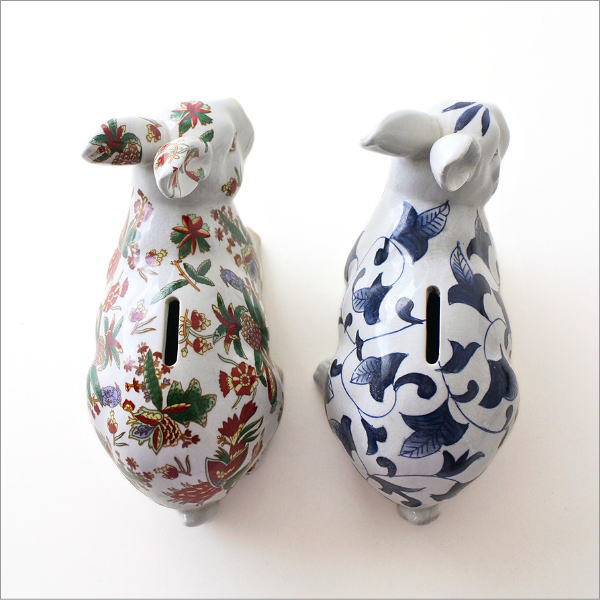 赤絵/青花 陶器兎の貯金箱 2タイプ(3)