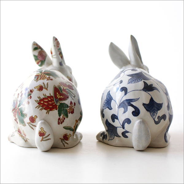赤絵/青花 陶器兎の貯金箱 2タイプ(4)