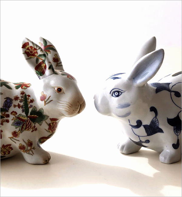 赤絵/青花 陶器兎の貯金箱 2タイプ(2)