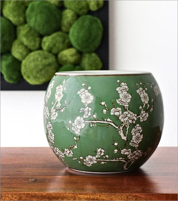 陶器のミニ火鉢 緑梅(1)