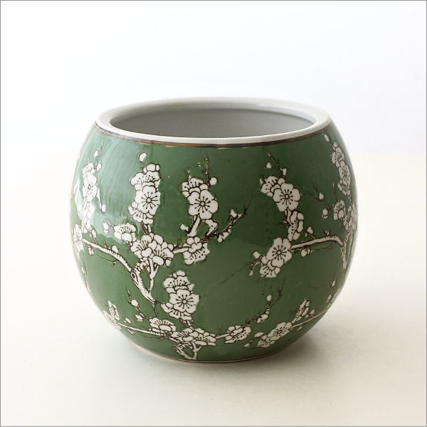 陶器のミニ火鉢 緑梅(5)