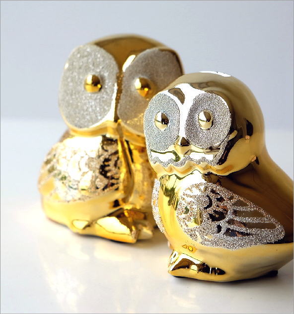ゴールドの夫婦フクロウ貯金箱(1)