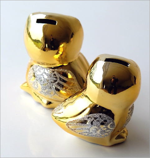 ゴールドの夫婦フクロウ貯金箱(2)