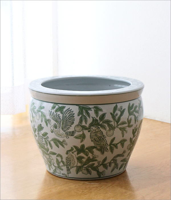 陶器の火鉢 緑花鳥 S(1)